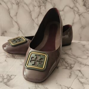 Tory Burch Gray Flats with Gold and Green Accent